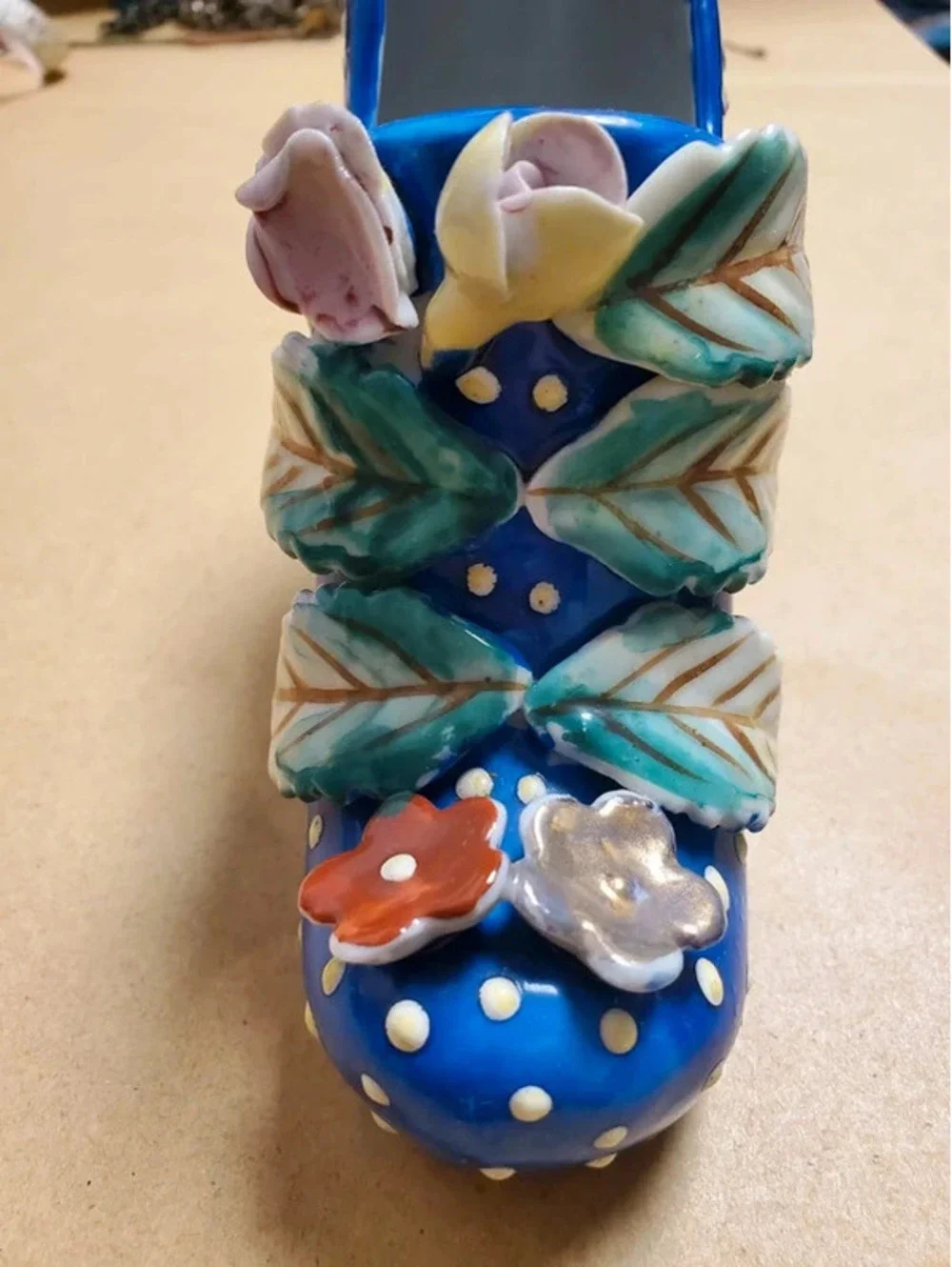 Vintage 1950s Blue Polka Dot Ceramic High Heel Shoe Figurine